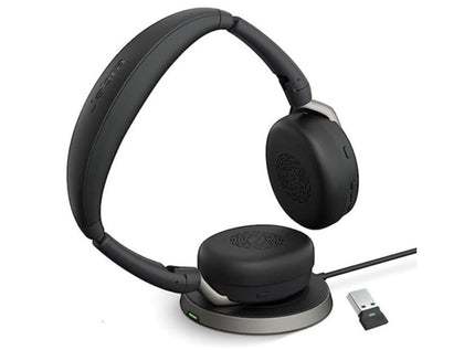 Jabra Evolve2 65 Flex UC Stereo Bluetooth Headset, Link380a USB-A Dongle & Wireless Charging Stand Included, Foldable Design, 2Yr Warranty