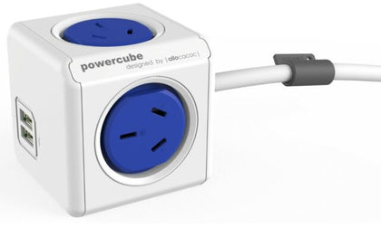 ALLOCACOC POWERCUBE Extended 4 Outlets Power Board with 2 USB 3M - Blue. OW (5424AUEUPCBL) 5424AUEUPCBLU Allocacoc