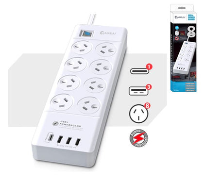 Sansai 8 Outlet 3*USB-A & 1*USB-C Powerboard Master On/Off switch Surge and overload protected 1M 20W 220-240V 10A IV Retail box Generic