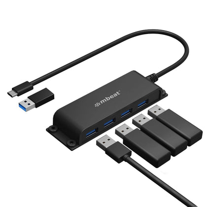 mbeat® Mountable 4-Port USB-A & USB-C Adapter Hub - 60cm Data Cable, USB 3.0, 2.0 High-Speed Data Port Expansion, Save Space Mounting Solution MBEAT