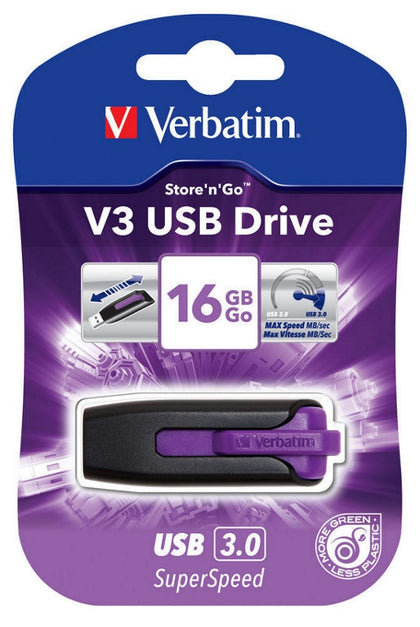 Verbatim 16GB V3 USB3.0 Violet Store'n'Go V3; Rectractable USB Storage Drive Memory Stick Verbatim