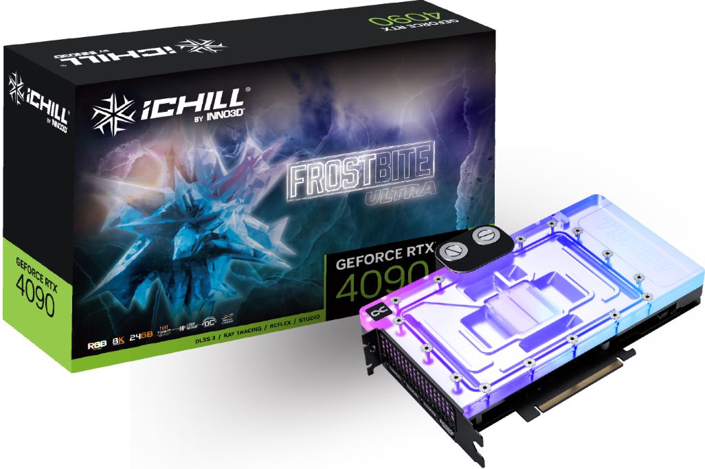INNO3D nVidia GeForce RTX 4090 GPU iCHILL Frostbite ULTRA 24GB GDDR6X, 2595MHz Boost, RAM21Gbps, 3xDP, 1xHDMI, Built In Water BcK, Tubes Not Supplied